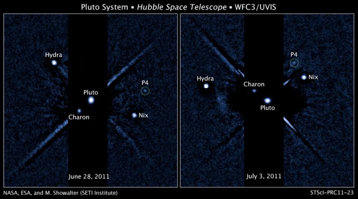More Moons for Pluto!
Caption NASA:"Nix and Hydra were first introduced to human eyes in Hubble Space Telescope images from May 2005, as Pluto's second and third known moons. Now Hubble images have revealed a fourth satellite for the icy, dwarf Planet. 
Provisionally designated P4, it completes an orbit of Pluto in about 31 days. Presently Pluto's smallest and dimmest known moon, P4 is estimated to be 13 to 34 Km across. The newly discovered satellite was first spotted in Hubble observations from June 28, 2011, and later confirmed in a follow-up on July 3 and July 18. These two panels are composites of both the short and long exposures that include brighter Pluto itself along with Pluto's largest moon Charon. 

Camera noise and image artifacts also show up in the long exposure segments. The Hubble observations were made while searching for faint Rings around the distant world in support of NASA's New Horizons mission, set to fly by the Pluto system in 2015".
Parole chiave: Pluto, from HST