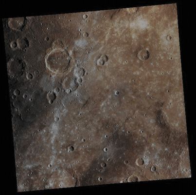 Firdousi's Smooth Plains & Crater Chains (Absolute Natural Colors; credits for the additional process. and color.: Dr Paolo C. Fienga - Lunexit Team) 
Date acquired: July, 17, 2011
Image Mission Elapsed Time (MET): 219349510, 219349512, 219349518
Image ID: 513659, 513658, 513662
Instrument: Wide Angle Camera (WAC) of the Mercury Dual Imaging System (MDIS)
WAC filter: 9 (1000 nanometers), 7 (750 nanometers), 6 (433 nanometers) as red-green-blue
Center Latitude: 6,77° North
Center Longitude: 69,01° East
Resolution: 1330 meters/pixel
Scale: the large crater in the lower left quadrant of this image is about 134 Km (83,214 miles) in diameter
Solar Incidence Angle: 52,4°
Emission Angle: 0,3°
Sun-Mercury-Spacecraft (or "Phase") Angle: 52,4°
Parole chiave: Mercury from orbit - Firdousi's Smooth Plains & Crater Chains