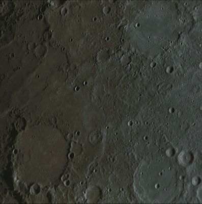 Benoit Crater and Lange Basin (False Colors; credits: Dr Paolo C. Fienga - Lunexit Team)
This NAC image, acquired during MESSENGER's 1st Mercury Fly-By, shows the Crater Benoit and the Lange Basin. 
Benoit Craer has been so named in honor of Rigaud Benoit, a twentieth century Haitian painter (1911-1987), while the Lange Basin is in honor of the American photographer Dorothea Lange (1895-1965). 
These particular Craters were proposed for names on the basis of some interesting features of each. Benoit is a small approx. 35-Km-diameter (about 22-mile-diameter) Crater, but its floor is quite unusual, with two mounds that have been suggested to be evidence of intrusive volcanic activity on Mercury. 
The larger neighboring Lange Basin appears to have been flooded by lava, with only faint traces remaining of a now buried Inner Ring.

Date Acquired: January 14, 2008
Image Mission Elapsed Time (MET): 108828463
Instrument: Narrow Angle Camera (NAC) of the Mercury Dual Imaging System (MDIS)
Resolution: 500 meters/pixel (0,31 miles)
Scale: Lange Basin is approx. 180 Km (about 112 miles) in diameter
Spacecraft Altitude: about 19.700 Km (approx. 12.200 miles)
Parole chiave: Mercury's Fly-By