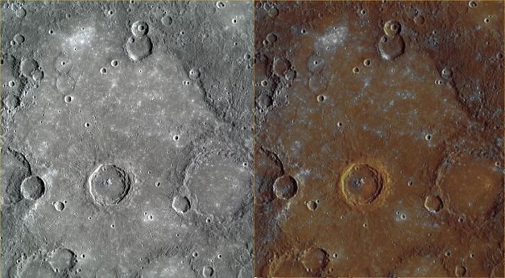 Rudaki Plains and Crater
Last week (April 2009), MESSENGER team members presented the results from 4 papers published in the 1st of May issue of the "Science" magazine at a NASA media teleconference. The color views shown here of the Plains near Rudaki Crater was just one of the graphics presented at that teleconference (nota: NO. La versione che vedete su queste pagine è quella ottenuta da Lunar Explorer Italia, applicando la metodologia Multispettrale). 
The left image was created by combining WAC images from three narrow-band color filters to approximate Mercury's color as it would be seen by the human eye. The right image used a statistical analysis of all 11 WAC filters to highlight subtle color differences on the surface, as has been used for many previous releases, such as ones focused on Thakur Crater and Caloris Basin.

Date Acquired: October 6, 2008
Image Mission Elapsed Time (MET): 131770571-131770621
Instrument: Wide Angle Camera (WAC) of the Mercury Dual Imaging System (MDIS).
WAC Filters: Left image: 3, 4, 5 (480, 560, 630 nanometers). Right Image: statistical analysis involving all 11 WAC filters
Scale: The crater in the center of the image is approx. 68 Km (about 42 miles) in diameter
Spacecraft Altitude: about 2800 Km (approx. 1700 miles)
Parole chiave: Mercury