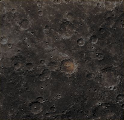 Donelaitis Crater (Absolute Natural Colors; credits for the additional process. and color.: Dr Paolo C. Fienga/Lunar Explorer Italia/IPF)
This composite of three frames, taken by the NASA - MESSENGER Spacecraft in August 2011, shows us the recently named Donalaitis Crater (whose diameter is approx. 84,5 Km - such as about 52,47 miles - and it lies well visible at the center of the image). As you can see, this Complex Mercurian Impact Crater exhibits some extremely unusually-looking bright yellow-orangish Deposits on its Floor. These colorful and very bright Deposits, as you may easily notice, contrast starkly with the much darker and gray colors (with pale brown/reddish nuances and some brighter white spots - where the latter could be, perhaps, some Hollows-covered areas) of the surrounding (and highly cratered) Terrain. 

Donelaitis Crater was named after Kristijonas Donelaitis (1714 - 1780), a Lithuanian poet. His classic poem, 'The Seasons (Metai)', describes the lives of Lithuanian peasants, who at the time of its writing were being pushed into serfdom as most of their country was annexed by the Russian Empire.

Date acquired: August, 21st, 2011
Images Mission Elapsed Time (MET): 222408661, 222408681, 222408665 
Images ID: 658976, 658981, 658977
Instrument: Wide Angle Camera (WAC) of the Mercury Dual Imaging System (MDIS)
Center Latitude: 51,81° South
Center Longitude: 39,11° East
Resolution: 874 meters/pixel
Solar Incidence Angle: 56,2° (meaning that the Sun, at the time that the picture was taken, was about 33,8° above the imaged Local Mercurian Horizon)
Emission Angle: 0,5°
Sun-Mercury-Messenger (or "Phase") Angle: 55,7°

This picture (which has been cropped from an Original NASA - MESSENGER Spacecraft false color image-mosaic published on the NASA - Planetary Photojournal with the ID n. PIA 16958) has been additionally processed and then colorized in Absolute Natural Colors (such as the colors that a human eye would actually perceive if someone were onboard the NASA - MESSENGER Spacecraft and then looked down, towards the Surface of Mercury), by using an original technique created - and, in time, dramatically improved - by the Lunar Explorer Italia Team. Different colors, as well as different shades of the same color, mean, among other things, the existence of different Elements (Minerals) present on the Surface of Mercury, each having a different Albedo (---> Reflectivity) and Chemical Composition.
Parole chiave: Mercury from orbit - Craters - Donelaitis Crater