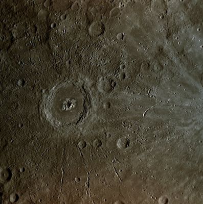 Eminescu Crater (MULTISPECTRUM-2; credits: Lunexit)
Last week, the MESSENGER team learned that the impact crater seen in the middle of this Narrow Angle Camera (NAC) image has been officially named Eminescu. The Crater was named in honor of Mihai Eminescu, an accomplished and influential poet who is still considered the national poet of Romania. The MESSENGER team proposed the name to the International Astronomical Union (IAU), the authority that officially names surface features on planetary bodies. 

Eminescu Crater is 125 Km (about 78 miles) in diameter and can be seen just at the top of PIA10384. 
The image shown here was acquired by the Mercury Dual Imaging System (MDIS) on January 14, 2008, and shows a portion of Mercury's surface unseen by spacecraft prior to MESSENGER's historic flyby. 
Eminescu is a particularly interesting crater for several reasons. Eminescu formed more recently than most of the craters on Mercury, on the grounds that there are very few later craters superposed on it. Moreover, impressive chains of secondary craters, formed by material ejected by the impact explosion that formed the crater, radiate away from Eminescu. 
The central peaks within the crater are arranged in a circular pattern; geologists call this a "Peak Ring". 
The bright peaks inside Eminescu exhibit unusual color characteristics in the 11-color Wide Angle Camera (WAC) images, which the MESSENGER Science Team is currently studying. 

They show up with a bluish tinge in the previously released false-color image of the entire planet (see PIA10398); Eminescu is just North of the Equator, near the day/night "Terminator" in that image.
Parole chiave: Mercury's Fly-By
