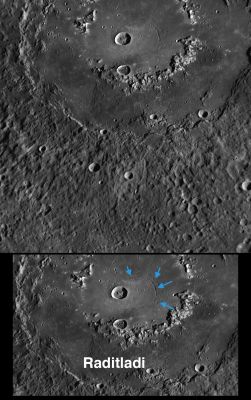Raditladi Basin
Raditladi Basin, imaged during MESSENGER's first Mercury flyby and named in April 2008 (PIA10611), is intriguing for several reasons. Shown extending across the top of this high-resolution NAC image, Raditladi Basin is relatively young, with only a few small impact craters on its floor and with well-preserved walls and peak-ring structure. 
Visible on the floor of Raditladi are concentric troughs (blue arrows), formed by extension (pulling apart) of the surface. However, extensional troughs on Mercury are quite rare, having been seen to date only in two other locations on the Planet: as part of Pantheon Fossae and other troughs in Caloris Basin and on the floor of Rembrandt, the large basin discovered during MESSENGER's second Mercury flyby (see PIA11769). 
Understanding how these troughs formed in the young Raditladi Basin could provide an important indicator of processes that acted relatively recently in Mercury’s geologic history. 
Raditladi Basin was the topic of one of 25 presentations made by MESSENGER team members at the 40th Lunar and Planetary Science Conference held last week (April 2009). 

Date Acquired: January 14, 2008
Image Mission Elapsed Time (MET): 108826792
Instrument: Narrow Angle Camera (NAC) of the Mercury Dual Imaging System (MDIS)
Resolution: 250 meters/pixel (0,16 miles/pixel)
Scale: Raditladi basin has a diameter of approx. 257 Km (about 160 miles)
Spacecraft Altitude: approx. 10.000 Km (about 6200 miles)
Parole chiave: Mercury