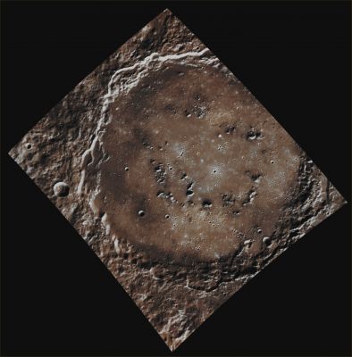 Rustaveli Crater (Absolute Natural Colors; credits for the additional process. and color.: Dr Paolo C. Fienga/Lunar Explorer Italia/Italian Planetary Foundation)
This Absolute Natural Color Image-Mosaic shows the Rustaveli Crater, a newly named Impact Basin located in the Northern Hemisphere of Mercury. The Basin has a smooth, filled Floor with little weathering and a Peak-ring Structure. Shota Rustaveli was a Georgian poet who lived from 1172-1216. He is well known for writing the Georgian National Epic Poem, "The Knight in the Panther's Skin". He is also the namesake of the coveted Shota Rustaveli State Prize, the highest honor a Georgian artist or writer can achieve.
 
Date acquired: July 18, 2011
Image Mission Elapsed Time (MET): 219478808, 219478804, 219478800
Image ID: 519956, 519955, 519954
Instrument: Wide Angle Camera (WAC) of the Mercury Dual Imaging System (MDIS)
WAC filters: 9, 7, 6 (996, 748, 433 nanometers) in red, green, and blue
Center Latitude: 52,40° North
Center Longitude: 81,79° East
Resolution: 187 meters/pixel
Scale: the diameter of Rustaveli basin is roughly 180 Km (such as approx. 112 miles).
Solar Incidence Angle: 59,8° (meaning that the Sun was about 30,2° above the imaged Local Horizon at the time that the picturs were taken)
Emission Angle: 30,6°
Sun-Mercury-MESSENGER (or "Phase") Angle: 90,4°
Parole chiave: Mercury from orbit - Craters - Rustaveli Crater