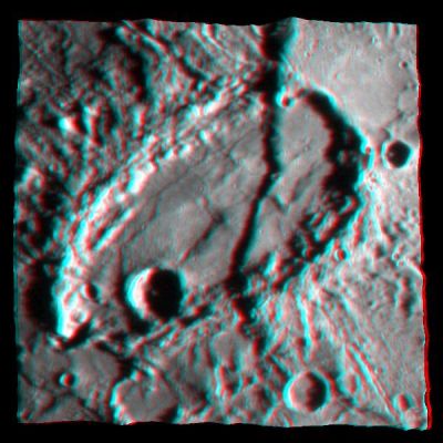 Sveinsd�ttir Crater in 3D
This graphic shows a portion of the fault scarp Beagle Rupes cutting through the highly elliptical crater Sveinsdóttir in a three-dimensional (3D) representation. 
By combining information from multiple images of the same portion of Mercury's surface taken under different viewing angles, the topography of the surface was determined. A high-resolution image was then overlaid on the topography map, resulting in this 3D image. 
In total, over 80 MESSENGER images were used to create this 3D view of Mercury's surface. 

As the MESSENGER mission continues, many more images will be acquired, and these additional images will provide views of Mercury's surface from a variety of illumination conditions and viewing geometries. These myriad views, anchored by topographic profiles to be acquired by MESSENGER's laser altimeter, will enable large portions of the surface of Mercury to be studied in 3D. 

Date Acquired: January 14, 2008
Image Mission Elapsed Time (MET) : NAC image from 108830230 resampled on a topographic map made from more than 80 NAC and WAC images. 
Instrument: Narrow Angle Camera (NAC) and Wide Angle Camera (WAC) of the Mercury Dual Imaging System (MDIS) 
Scale: Sveinsdóttir Crater is about 120 by 220 Km (approx. 75 by 140 miles). 
Parole chiave: Mercury