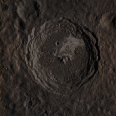 Theophanes Crater (Absolute Natural Colors; credits for the additional process. and color.: Dr Paolo C. Fienga/Lunar Explorer Italia/Italian Planetary Foundation)
This image, taken by the NASA - MESSENGER Spacecraft in the early October 2012, shows the ancient Mercurian Impact Crater Theophanes (whose diameter is approx. 46 Km - such as a little more than 28,5 miles), which was originally imaged by the NASA - Mariner 10 Spacecraft. 
This Impact Crater was named after the Byzantine iconographer known as "Theophanes the Greek". Though he was born in Constantinople, the Capitol of the Byzantine Empire, around the AD 1340, Theophanes spent most of his life in Russia, where he moved in the AD 1370, and it was right there that he gained notoriety as an icon painter. Some of his more prominent works include Our Lady of the Don and the Transfiguration of Christ. He is also known as the teacher and mentor of the great medieval Russian painter Andrei Rublev, the eponym of another Impact Crater located in the Southern Hemisphere of Mercury. 
As you can se, the Hollows which characterize Thophanes Crater are all concentrated in a relatively flat area going from the North-East of Theophanes' Complex Central Uplift, until its upper margin (---> Inner Rim), but only in that portion of its Floor that is located in between (approx.) 1 to 2 o'clock. The reason of such a peculiar configuration of Theophanes' Hollows is (obviuosly) so far unknown, even though we, as IPF, have a theory about it, which we shall try to explain in the future.

Date acquired: October, 3rd, 2012
Image Mission Elapsed Time (MET): 257735204 
Image ID: 2694715
Instrument: Narrow Angle Camera (NAC) of the Mercury Dual Imaging System (MDIS)
Center Latitude: 5,04° South
Center Longitude: 217,2° East
Resolution: 74 meters/pixel
Solar Incidence Angle: 69,3° (meaning that the Sun, at the time that the pictures were taken, was about 20,7° above the imaged Local Mercurian Horizon)
Emission Angle: 2,2°
Sun-Mercury-Messenger (or "Phase") Angle: 71,6°

This picture (which is an Original NASA - MESSENGER Spacecraft b/w frame published on the NASA - Planetary Photojournal with the ID n. PIA 16868) has been additionally processed and then colorized in Absolute Natural Colors (such as the colors that a human eye would actually perceive if someone were onboard the NASA - MESSENGER Spacecraft and then looked down, towards the Surface of Mercury), by using an original technique created - and, in time, dramatically improved - by the Lunar Explorer Italia Team. Different colors, as well as different shades of the same color, mean, among other things, the existence of different Elements (Minerals) present on the Surface of Mercury, each having a different Albedo (---> Reflectivity) and Chemical Composition.
Parole chiave: Mercury from orbit - Craters - Theophanes Crater