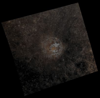 Tyagaraja Crater  (CTX Frame - Absolute Natural Colors; credits for the additional process. and color.: Dr Paolo C. Fienga/Lunar Explorer Italia/Italian Planetary Foundation)
This colorful picture of Tyagaraja Crater (which is about 97 Km - such as approx. 60,23 miles - in diameter) and its surroundings shows us many different types of Material that exist on the Surface of Mercury. For instance, the very bright, white areas visible on the Floor of the Crater (in particular to the North/East, at about 3 o'clock) are the very "famous" (and common, on Mercury) Hollows; as a matter of fact, they are so much brighter than the surrounding Areas that they appear slightly over-saturated in this particular image. The yellow/red/orangish spots located near the center of the Crater are, most likely, Volcanic Materials which surround a Pyroclastic Vent. Last, but not least, the very Dark Material (almost black) that is visible all around Tyagaraja Crater (and, particularly, towards the South/Western Regions surrounding Tyagaraja - such as the areas located in the lower left (Sx) side of the frame) is Low Reflectance Material (LRM). Just out of curiosity, if you look carefully at the outline of Tyagaraja Crater, you may notice that its shape is quite unusual for a Primary Impact Crater: in fact, its shape it is not a "circle", but rather an (almost regular, on its Western side) "hexagon".

Date acquired: April 25th, 2013
Images Mission Elapsed Time (MET): 9232956, 9232948, 9232944 
Images ID: 3950118, 3950116, 3950115
Instrument: Wide Angle Camera (WAC) of the Mercury Dual Imaging System (MDIS)
Center Latitude: 3,94° North
Center Longitude: 211,20° East
Resolution: 22 meters/pixel
Solar Incidence Angle: 13,4° (meaning that the Sun, at the time that the picture was taken, was about 76,6° above the imaged Local Mercurian Horizon)
Emission Angle: 18,0°
Sun-Mercury-Messenger (or "Phase") Angle: 31,5°

This picture (which is an Original NASA - MESSENGER Spacecraft Map Projected false color image-mosaic published on the NASA - Planetary Photojournal with the ID n. PIA 17051) has been additionally processed, contrast enhanced and then re-colorized in Absolute Natural Colors (such as the colors that a human eye would actually perceive if someone were onboard the NASA - MESSENGER Spacecraft and then looked down, towards the Surface of Mercury), by using an original technique created - and, in time, dramatically improved - by the Lunar Explorer Italia Team. Different colors, as well as different shades of the same color, mean, among other things, the existence of different Elements (Minerals) present on the Surface of Mercury, each having a different Albedo (---> Reflectivity) and Chemical Composition.
Parole chiave: Mercury from orbit - Craters - Tyagaraja Crater