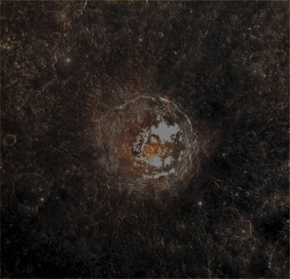 Tyagaraja Crater  (EDM - Absolute Natural Colors; credits for the additional process. and color.: Dr Paolo C. Fienga/Lunar Explorer Italia/Italian Planetary Foundation)
This colorful picture of Tyagaraja Crater (which is about 97 Km - such as approx. 60,23 miles - in diameter) and its surroundings shows us many different types of Material that exist on the Surface of Mercury. For instance, the very bright, white areas visible on the Floor of the Crater (in particular to the North/East, at about 3 o'clock) are the very "famous" (and common, on Mercury) Hollows; as a matter of fact, they are so much brighter than the surrounding Areas that they appear slightly over-saturated in this particular image. 
The yellow/red/orangish spots located near the center of the Crater are, most likely, Volcanic Materials which surround a Pyroclastic Vent. Last, but not least, the very Dark Material (almost black) that is visible all around Tyagaraja Crater (and, particularly, towards the South/Western Regions surrounding Tyagaraja - such as the areas located in the lower left (Sx) side of the frame) is Low Reflectance Material (LRM). 

Just out of curiosity, if you look carefully at the outline of Tyagaraja Crater, you may notice that its shape is quite unusual for a Primary Impact Crater: in fact, its shape it is not a "circle", but rather an (almost regular, on its Western side) "hexagon". Also, the Inner Slopes of the Crater show clear evidence of multiple Layers (and such a circumstance, at least for the time being, is really hard, for Planetary Scientists, to fully understand and explain).

Date acquired: April 25th, 2013
Images Mission Elapsed Time (MET): 9232956, 9232948, 9232944 
Images ID: 3950118, 3950116, 3950115
Instrument: Wide Angle Camera (WAC) of the Mercury Dual Imaging System (MDIS)
Center Latitude: 3,94° North
Center Longitude: 211,20° East
Resolution: 22 meters/pixel
Solar Incidence Angle: 13,4° (meaning that the Sun, at the time that the picture was taken, was about 76,6° above the imaged Local Mercurian Horizon)
Emission Angle: 18,0°
Sun-Mercury-Messenger (or "Phase") Angle: 31,5°

This picture (which is an Original NASA - MESSENGER Spacecraft Map Projected false color image-mosaic published on the NASA - Planetary Photojournal with the ID n. PIA 17051) has been additionally processed, cropped, contrast enhanced, magnified and then re-colorized in Absolute Natural Colors (such as the colors that a human eye would actually perceive if someone were onboard the NASA - MESSENGER Spacecraft and then looked down, towards the Surface of Mercury), by using an original technique created - and, in time, dramatically improved - by the Lunar Explorer Italia Team. Different colors, as well as different shades of the same color, mean, among other things, the existence of different Elements (Minerals) present on the Surface of Mercury, each having a different Albedo (---> Reflectivity) and Chemical Composition.
Parole chiave: Mercury from orbit - Craters - Tyagaraja Crater