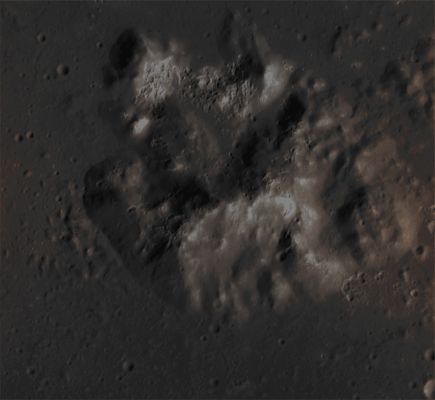 Hollowland, again! (Absolute Natural Colors; credits for the additional process. and color.: Dr Paolo C. Fienga/Lunar Explorer Italia/Italian Planetary Foundation)
This image - taken by the NASA - MESSENGER Spacecraft - shows us the Hollow-covered Central Peak Structure (a Feature that is also often called Central Uplift) of a Mercurian Northern Hemisphere's Unnamed Impact Crater having a diameter of about 60 Km (such as approx. 37,26 miles). It is now clear that these mysterious Mercurian Surface Features known as "Hollows" are not only related - as it was thought at the beginning - to (relatively) flat surfaces (such as the Floors of a countless number of Impact Craters) or on areas located near or on top of the Rims of said Impact Craters: it has been now visually proven that the Hollows can also be found on highly irregular (---> NOT "flat") and complex rocky structures (---> Central Peaks and, maybe, Hills and Mountains). And, in the meanwhile, the search continues...

Date acquired: March, 24th, 2013
Image Mission Elapsed Time (MET): 6465097 
Image ID: 3753557
Instrument: Narrow Angle Camera (NAC) of the Mercury Dual Imaging System (MDIS)
Center Latitude: 36,20° North
Center Longitude: 244,20° East
Resolution: 29 meters/pixel
Solar Incidence Angle: 61,7° (meaning that the Sun, at the time that the picture was taken, was about 28,3° above the imaged Local Mercurian Horizon)
Emission Angle: 21,1°
Sun-Mercury-Messenger (or "Phase") Angle: 65,8°

This picture (which has been cropped from an Original NASA - MESSENGER Spacecraft b/w frame published on the NASA - Planetary Photojournal with the ID n. PIA 16952) has been additionally processed and then colorized in Absolute Natural Colors (such as the colors that a human eye would actually perceive if someone were onboard the NASA - MESSENGER Spacecraft and then looked down, towards the Surface of Mercury), by using an original technique created - and, in time, dramatically improved - by the Lunar Explorer Italia Team. Different colors, as well as different shades of the same color, mean, among other things, the existence of different Elements (Minerals) present on the Surface of Mercury, each having a different Albedo (---> Reflectivity) and Chemical Composition.
Parole chiave: Mercury from orbit - Craters - Unnamed Crater with Central Peak and Hollows
