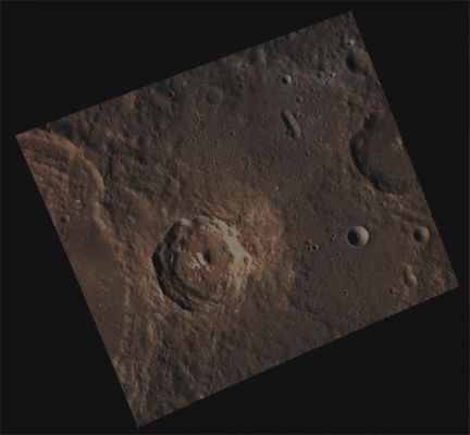 Unnamed and (relatively) Fresh Impact Crater (CTX Frame - Absolute Natural Colors; credits for the additional process. and color.: Dr Paolo C. Fienga/Lunar Explorer Italia/Italian Planetary Foundation)
This Absolute Natural Color Image-Mosaic shows us a bright (and, of course, relatively speaking, "fresh") Impact Crater - approx. 33 Km (such as about 20,49 miles) in diameter - exhibiting possible evidence of a Pyroclastic Deposit on it's Eastern Side (---> Dx of the Crater for the Observer), as well as a series of Secondary Impact Craters which have unearthed some - still unknown - kind of Sub-Surface Material, barely visible (and lightly gray-colored) in the North-Eastern corner of the picture (---> upper right quadrant).

Date acquired: November, 6th, 2011
Images Mission Elapsed Time (MET): 229105596, 229105592, 229105588
Images ID: 980566, 980565, 980564
Instrument: Wide Angle Camera (WAC) of the Mercury Dual Imaging System (MDIS)
Center Latitude: 25,42° North
Center Longitude: 266,80° East
Solar Incidence Angle: 52,3° (meaning that the Sun, at the time that the picture was taken, was about 37,7° above the imaged Local Mercurian Horizon)
Emission Angle: 16,8°
Sun-Mercury-Messenger (or "Phase") Angle: 69,1°

This picture (which is an Original NASA - MESSENGER Spacecraft's false colors Map-Projected image-mosaic published on the NASA - Planetary Photojournal with the ID n. PIA 17290) has been additionally processed, contrast enhanced, magnified and then re-colorized in Absolute Natural Colors (such as the colors that a human eye would actually perceive if someone were onboard the NASA - MESSENGER Spacecraft and then looked down, towards the Surface of Mercury), by using an original technique created - and, in time, dramatically improved - by the Lunar Explorer Italia Team. Different colors, as well as different shades of the same color, mean, among other things, the existence of different Elements (Minerals) present on the Surface of Mercury, each having a different Albedo (---> Reflectivity) and Chemical Composition.
Parole chiave: Mercury from orbit - Craters - Unnamed Crater with Central Peak and Terraces