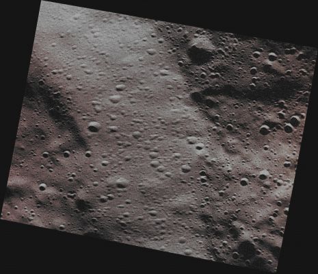 Intersecting Craters (Absolute Natural Colors - Credits for the additional process. and color.: Dr Paolo C. Fienga/Lunar Explorer Italia/Italian Planetary Foundation)
Running diagonally though the scene (which is approx. 14 Km - such as about 8,69 miles - across), and running from the upper left (Sx) to the lower right (Dx) corner of the frame, you can see the Wall of an ancient Impact Ccrater that encompasses another Impact Crater known as Purcell. Purcell Crater and this other one (both quite large) are both pretty ancient, as evidenced by the numerous small Impact Craters that cover them, including their Walls. Furthermore, this High-Resolution Image taken by the NASA - MESSENGER Spacecraft on April, 11, 2014, also reveals how the small Impact Craters that formed on the Wall display some differences from the ones which formed on the Flat neighboring Surfaces. Frankly speaking, we, as IPF, honestly believe that the differences (mostly in shape) existing among these smaller Impact Craters that NASA is talknig about, may simply (and reasonalbly) be due to different Angles of Impact, rather than their age and/or the size of the Impactors that created them.

Date acquired: April, 11th, 2014
Image Mission Elapsed Time (MET): 39535979
Image ID: 6104625
Instrument: Narrow Angle Camera (NAC) of the Mercury Dual Imaging System (MDIS)
Center Latitude: 81,25° North
Center Longitude: 212,20° East
Solar Incidence Angle: 81,4° (meaning that the Sun, at the time that the picture was taken, was about 8,6° above the imaged Local Mercurian Horizon)
Emission Angle: 36,3°
Sun-Mercury-Messenger (or "Phase") Angle: 82,5

This picture (which is an Original NASA - MESSENGER Spacecraft's b/w and Map-Projected image published on the NASA - Planetary Photojournal with the ID n. PIA 18246) has been additionally processed, contrast enhanced, Gamma corrected, magnified to aid the visibility of the details and then colorized in Absolute Natural Colors (such as the colors that a human eye would actually perceive if someone were onboard the NASA - MESSENGER Spacecraft and then looked outside, towards the Surface of Mercury), by using an original technique created - and, in time, dramatically improved - by the Lunar Explorer Italia Team. Different colors, as well as different shades of the same color, mean, among other things, the existence of different Elements (Minerals) present on the Surface of Mercury, each having a different Albedo (---> Reflectivity) and Chemical Composition.
Parole chiave: Mercury from orbit - Craters - Unnamed Crater and Purcell Crater