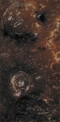 On the Edge of Caloris Basin (EDM - Possible Absolute Natural Colors; credits for the additional process. and color. Dr Paolo C. Fienga/Lunar Explorer Italia/Italian Planetary Foundation)
This picture, which is an Extra Detail Magnification (or "EDM" for short) of a crop taken from an image-mosaic made of 3 (three) frames obtained by the NASA - MESSENGER Spacecraft on October, 24, 2013, features, in particular, two Unnamed Impact Craters (being the larger one, visible at the top of the image, approximately 54 Km - such as about 33,53 miles - in diameter) that are located in the proximities of the Eastern Edge of the Giant Caloris Basin. These two large Unnamed Impact Craters have excavated (at the time of their formation, and according to NASA's Scientists) "Low Reflectance Material", and they both show extrenmly bright Hollows (which, in fact, caused an oversaturation of the picture in the areas where thay are present) within their relatively flat Floors. 
The Orange/Reddish Deposits visible in the North/Eastern Quadrant (---> upper right corner) of the scene, exhibit a so-called "Spectral Signature" that is similar to the one usually left by Pyroclastic Deposits, and this circumstance suggests that this Region (just like way many others on Mercury) might have, once, been the Site of Explosive Volcanism.

Date acquired: October, 24th, 2013
Images Mission Elapsed Time (MET): 24470528, 24960452, 24470516
Images ID: 5033545, 5068359, 5033542
Instrument: Wide Angle Camera (WAC) of the Mercury Dual Imaging System (MDIS)
Center Latitude: 23,72° North
Center Longitude: 179,10° East
Solar Incidence Angle: 24,8° (meaning that the Sun, at the time that the picture was taken, was about 65,2° above the imaged Local Mercurian Horizon)
Emission Angle: 8,4°
Sun-Mercury-Messenger (or "Phase") Angle: 33,2°

This frame (which is an an Extra Detail Magnification (or "EDM" for short) of a crop taken from an Original NASA - MESSENGER Spacecraft's False Colors and Map-Projected image-mosaic published on the NASA - Planetary Photojournal with the ID n. PIA 17692) has been additionally processed, contrast enhanced, magnified to aid the visibility of the smaller details, Gamma corrected and then re-colorized in Absolute Natural Colors (such as the colors that a human eye would actually perceive if someone were onboard the NASA - MESSENGER Spacecraft and then looked down, towards the Surface of Mercury), by using an original technique created - and, in time, dramatically improved - by the Lunar Explorer Italia Team. Different colors, as well as different shades of the same color, mean, among other things, the existence of different Elements (Minerals) present on the Surface of Mercury, each having a different Albedo (---> Reflectivity) and Chemical Composition.
Parole chiave: Mercury from orbit - Craters - Unnamed Craters on the Edge of Caloris Basin