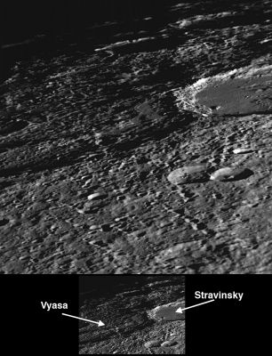 Low-Sun over Mercury...
This NAC image shows a close-up view of the craters Vyasa and Stravinsky (see PIA11360). Stravinsky is the smooth-floored crater partially seen on the right side of the image that overlies the rim of the larger, rougher crater Vyasa in the center and left. The low-Sun lighting angle casts distinctive shadows that show Mercury's rough surface, pockmarked by craters of all sizes. Small craters are visible on the smooth-floor of Stravinsky because of the high resolution of this image. 

Date Acquired: October 6, 2008
Image Mission Elapsed Time (MET): 131771118
Instrument: Narrow Angle Camera (NAC) of the Mercury Dual Imaging System (MDIS)
Resolution: 140 meters/pixel (0,09 miles/pixel) near the bottom of the image
Scale: Stravinsky crater is about 190 Km in diameter (120 miles)
Parole chiave: Mercury