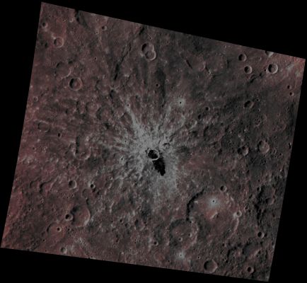 Waters Crater, in context (Possible Absolute Natural Colors; credits for the additional process. and color.: Dr Paolo C. Fienga/Lunar Explorer Italia/Italian Planetary Foundation)
In this High Resolution Image-Mosaic, obtained by putting together three frames taken by the NASA - MESSENGER Spacecraft on May, 16, 2011, we can see, once again, the approx. 15-Km (such as about 9,315 miles) diameter Impact Crater named Waters that, as you can easily understand just by looking at the picture, should be relatively young, as indicated by the Bright Rays that cross the neighboring (---> meaning located in its proximities) Surface Features. As we have already drawn to your attention in the past, an unusually-looking "Tongue-like Feature", most likely made of Impact Melt - and which shows a very dark gray color, when compared to the nearby Mercurian Surface - appears to have flowed out of the Crater itself, most likely at the time of - or just right after - its formation.

Date acquired: May, 16th, 2011
Images Mission Elapsed Time (MET): 214069807, 214069811, 214069815
Images ID: 261719, 261720, 261721
Instrument: Wide Angle Camera (WAC) of the Mercury Dual Imaging System (MDIS)
Center Latitude: 8,82° South
Center Longitude: 254,90° East
Solar Incidence Angle: 41,8° (meaning that the Sun, at the time that the picture was taken, was about 48,2° above the imaged Local Mercurian Horizon)
Emission Angle: 25,6°
Sun-Mercury-Messenger (or "Phase") Angle: 67,4°

This picture (which is an Original NASA - MESSENGER Spacecraft's false colors and Map-Projected image-mosaic published on the NASA - Planetary Photojournal with the ID n. PIA 15389) has been additionally processed, contrast enhanced, Gamma corrected, magnified to aid the visibility of the details and then re-colorized in Absolute Natural Colors (such as the colors that a human eye would actually perceive if someone were onboard the NASA - MESSENGER Spacecraft and then looked outside, towards the Surface of Mercury), by using an original technique created - and, in time, dramatically improved - by the Lunar Explorer Italia Team. Different colors, as well as different shades of the same color, mean, among other things, the existence of different Elements (Minerals) present on the Surface of Mercury, each having a different Albedo (---> Reflectivity) and Chemical Composition.

Parole chiave: Mercury from orbit - Craters - Waters Crater