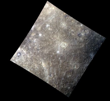 The Cratered Surface of Mercury (Natural Colors; credits: NASA/Johns Hopkins University Applied Physics Laboratory/Carnegie Institution of Washington)
This color image reveals two of Mercury's named Craters, Basho and Bartok. Basho is the Dark-Rimmed Crater to the far left of the image, and Bartok is the bright yellow crater approximately in the center. Both Craters have visible Central Peaks, but Bartok's Peaks appear blue in this image, indicating they may be made of a different material that was unearthed by the large force of the impact.
This image was acquired as part of MDIS's color base map. The color base map is composed of WAC images taken through eight different narrow-band color filters and will cover more than 90% of Mercury's Surface with an average resolution of 1 Km/pixel (0,6 miles/pixel). The highest-quality color images are obtained for Mercury's Surface when both the Spacecraft and the Sun are overhead, so these images typically are taken with viewing conditions of low Incidence and Emission Angles.

Date acquired: June, 21st, 2011
Image Mission Elapsed Time (MET): 217134583, 217134599, 217134579
Image ID: 407077, 407081, 407076
Instrument: Wide Angle Camera (WAC) of the Mercury Dual Imaging System (MDIS)
WAC filters: 9 (1000 nanometers), 7 (750 nanometers), 6 (430 nanometers) as red-green-blue.
Center Latitude: 3,.68° South
Center Longitude: 221,4° East
Resolution: 1806 meters/pixel
Scale: Basho, the Dark-Rimmed Crater at far left, is approx. 74 Km in diameter. 
Solar Incidence Angle: 51.4° (with the Sun about 38,6° above the Local Horizon)
Emission Angle: 0,6°
Sun-Target-Spacecraft (or "Phase") Angle: 51,6°
Parole chiave: Mercury from orbit - Craters - Basho and Bartok Crater