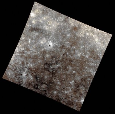 Low Reflectance Material and Crater Rays (Enhanced Absolute Natural Colors; credits for the additional process. and color.: Dr Paolo C. Fienga - Lunexit Team)
This image highlights some of the color features present on Mercury's Surface, such as Low Reflectance Material (LRM) and Crater Rays. Visible in the top left quadrant of this image is the named crater Moody, which has a prominent yellow-orange color on its Floor in this enhanced color image.

This image was acquired as part of MDIS's color base map. The color base map is composed of WAC images taken through eight different narrow-band color filters and will cover more than 90% of Mercury's Surface with an average resolution of 1 Km/pixel (0,6 miles/pixel). The highest-quality color images are obtained for Mercury's surface when both the Spacecraft and the Sun are overhead, so these images typically are taken with viewing conditions of low incidence and emission angles.


Date acquired: July, 3rd, 2011
Image Mission Elapsed Time (MET): 218154838, 218154854, 218154834
Image ID: 456233, 456237, 456232
Instrument: Wide Angle Camera (WAC) of the Mercury Dual Imaging System (MDIS)
WAC filter: 9 (1000 nanometers), 7 (750 nanometers), 6 (430 nanometers) as red-green-blue
Center Latitude: 30,86° South
Center Longitude: 149,5° East
Resolution: 1712 meters/pixel
Scale: Moody crater is approx. 83 Km (~51,5 mi.) in diameter
Incidence Angle: 32,6°
Emission Angle: 0,5°
Phase Angle: 32,8°
Parole chiave: Mercury from orbit
