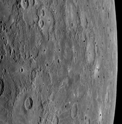Mercury's Horizon (HR)
Just 9 minutes after MESSENGER passed 200 Km (about 124 miles) above the surface of Mercury – its closest distance to the Planet during the January 14, 2008, flyby – the probe’s Wide Angle Camera (WAC) on the Mercury Dual Imaging System (MDIS) snapped this image. 
The WAC is equipped with 11 different narrow-band filters, and this image was taken in filter 7, which is sensitive to light near the red end of the visible spectrum (750 nm). This view, also imaged through the remaining 10 WAC filters, is from the first set of images taken following MESSENGER's closest approach with Mercury.

The image shows Mercury's surface as seen from a low viewing angle, looking over the surface and off the limb of the Planet on the right side of the image. 
The cratered terrain in the image is on the side of Mercury unseen by spacecraft prior to this MESSENGER flyby. 
This scene was imaged at multiple viewing angles as MESSENGER sped away from Mercury, and these multiple views of the same surface features from different perspectives and in different colors will be used to help understand the properties of Mercury's surface.
Parole chiave: Mercury Fly-By