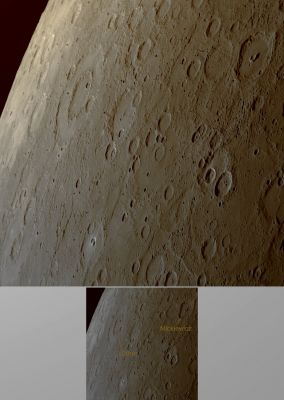 D�rer Basin (natural colors; credits: Lunexit)
MESSENGER snapped this image of Mercury’s horizon about 56 minutes before the Spacecraft’s closest pass by the Planet. The distinctive peak-ring basin Dürer (named from Mariner 10 photos for the German artist Albrecht Dürer) is visible. 
The smaller crater Mickiewicz (named for the Polish poet Adam Mickiewicz) can also be seen, with a smaller central peak-ring structure in the middle of its crater floor. 

Craters form ring structures during the impact process that creates the crater, and the number and characteristics of the rings depend on the crater’s size. Raditladi, imaged for the first time by MESSENGER and recently named, also shows a pronounced peak-ring structure. 

Date Acquired: January 14, 2008
Image Mission Elapsed Time (MET): 108821505
Instrument: Narrow Angle Camera (NAC) of the Mercury Dual Imaging System (MDIS)
Scale: Dürer crater is about 190 Km (approx. 120 miles) in diameter
Spacecraft Altitude: about 18.300 Km (approx. 11.400 miles)
Parole chiave: Mercury