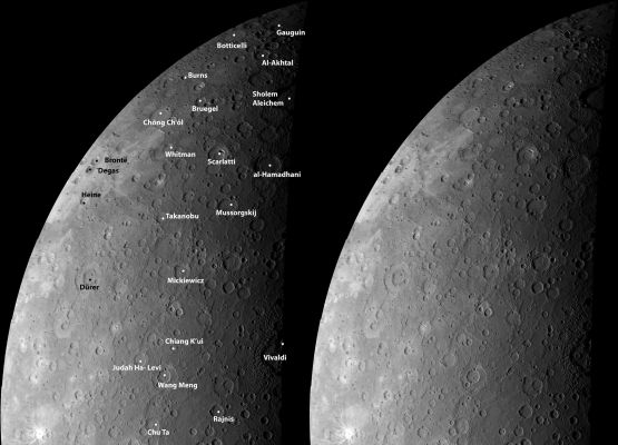Mercury�s Craters from a New Perspective
As MESSENGER approached Mercury, the NAC acquired images to create a mosaic of the entire Planet. The mosaic shown here was created from about half of those images and is shown in an orthographic projection. This view is in contrast to the cylindrical equidistant map mosaic previously released. For this mosaic, an orthographic projection was used to create a view that has the perspective that one would see from deep space. Over three decades earlier, Mariner 10 viewed this portion of Mercury’s Surface, and the craters that were named on the basis of those images are labeled on this mosaic. 

The MESSENGER images of this same territory are allowing scientists to study Mercury’s surface under different illumination conditions, and these complementary views provide new insight into the nature of the geologic features on Mercury. 

Date Acquired: January 14, 2008
Instrument:Mosaic created with images taken by the Narrow Angle Camera (NAC) of the Mercury Dual Imaging System (MDIS)
Resolution: 1,5 Km/pixel (0,93 miles/pixel)
Scale: this mosaic shows Mercury from the Equator nearly to the North Pole, a distance of about one Mercury radius (2440 Km, such as approx. 1516 miles)
Parole chiave: Mercury