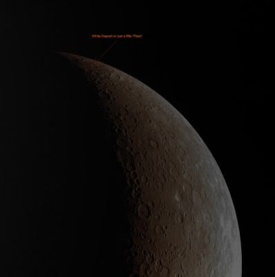 Crescent Mercury (Natural Colors; credits for the additional process. and color.: Dr Paolo C. Fienga - Lunexit Team)
Mercury forms a beautiful crescent shape in this image, acquired as the MESSENGER Spacecraft was high above Mercury's Southern Hemisphere. On the left side is the Terminator, dividing the day from night. On the right side is the sunlit Limb, separating Mercury from the darkness of (the Inner) Space.

This image was acquired as part of MDIS's limb imaging campaign. Once per week, MDIS captures images of Mercury's Limb, with an emphasis on imaging the Southern Hemisphere Limb. These Limb images provide information about Mercury's shape and complement measurements of topography made by the Mercury Laser Altimeter (MLA) of Mercury's Northern Hemisphere.

On March 17, 2011 (March 18, 2011, UTC), MESSENGER became the first Spacecraft ever to orbit the planet Mercury. The mission is currently in its commissioning phase, during which Spacecraft and instrument performance are verified through a series of specially designed checkout activities. In the course of the one-year primary mission, the Spacecraft's 7 scientific instruments and radio science investigation will unravel the history and evolution of the Solar System's innermost Planet. 

Date acquired: May, 24th, 2011
Image Mission Elapsed Time (MET): 214697006
Image ID: 290397
Instrument: Wide Angle Camera (WAC) of the Mercury Dual Imaging System (MDIS)
WAC filter: 7 (748 nanometers)
Center Latitude: 53,01° South
Center Longitude: 116,7° East
Resolution: 2827 meters/pixel
Scale: Mercury's radius is about 2440 Km (approx. 1520 miles)
Parole chiave: Mercury from orbit
