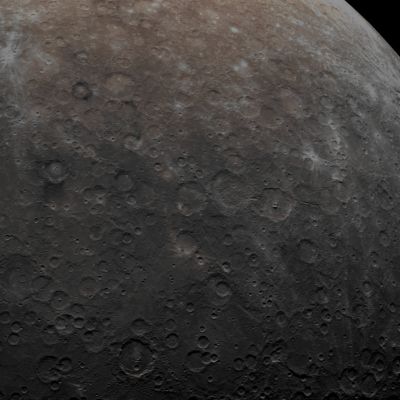 Southern Craters (Absolute Natural Colors; credits for the additional process. and color.: Dr Paolo C. Fienga - Lunar Explorer Italia/Italian Planetary Foundation)
The set of 3 (three) frames shown here in Absolute Natural Colors and forming this image mosaic, was acquired by the NASA - MESSENGER Spacecraft as part of a sequence intended to monitor any changes in the calibration of the Multispectral Wide Angle Camera onboard the Spacecraft over time. However, the final result of this "calibration" also gives us a simply beautiful view of a wide portion (the whole scene is approx. 1900 Km - such as a little less of 1180 miles - across) of Mercury's heavily cratered Southern Hemisphere. Furthermore, the Impact Craters Magritte, Neruda, and Sher-Gil can be easily spotted within this scene. North is towards the top-left of the image.

Date acquired: December, 17th, 2012
Images Mission Elapsed Time (MET): 264237810, 264237814, 264237830 
Images ID: 3157538, 3157539, 3157543
Instrument: Wide Angle Camera (WAC) of the Mercury Dual Imaging System (MDIS)
Center Latitude: 59,16° South
Center Longitude: 149,3° East
Resolution: 1663 meters/pixel
Solar Incidence Angle: 59,2° (meaning that the Sun, at the time that the pictures were taken, was about 30,8° above the imaged Local Mercurian Horizon)
Emission Angle: 28,8°
Sun-Mercury-Messenger (or "Phase") Angle: 78,1°

This picture (which is an Original NASA - MESSENGER Spacecraft color image mosaic published on the NASA - Planetary Photojournal with the ID n. PIA 16820) has been additionally processed and then re-colorized in Absolute Natural Colors (such as the colors that a human eye would actually perceive if someone were onboard the NASA - MESSENGER Spacecraft and then looked outside, towards the Surface of Mercury), by using an original technique created - and, in time, dramatically improved - by the Lunar Explorer Italia Team. Different colors, as well as different shades of the same color, mean, among other things, the existence of different Elements (Minerals) present on the Surface of Mercury, each having a different Albedo (---> Reflectivity) and Chemical Composition.
Parole chiave: Mercury from orbit - Southern Regions and Limb