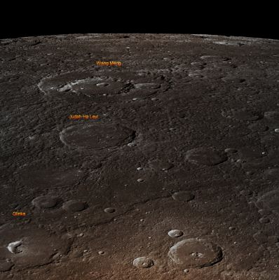Mercurian Horizon (Absolute Natural Colors; credits for the additional process. and color.: Dr Paolo C. Fienga/Lunar Explorer Italia/Italian Planetary Foundation)
Three well known Mercurian Impact Craters are prominently featured in this view, taken by the NASA - MESSENGER Spacecraft on November, 16, 2013. The fascinating Peak-Ringed Impact Basin named Wang Meng (whose diameter is approx. 165 Km - such as about 102,465 miles) is visible toward the Mercurian Horizon, slightly to the left portion of the frame, while the Pit-Floored Impact Crater Glinka can be seen near the bottom left of the picture. Last, but not least, the Impact Crater known as Judah Ha Levi is about half way in between the first two that we mentioned herebefore.

Date acquired: November, 16th, 2013
Image Mission Elapsed Time (MET): 26888421
Image ID: 5205547
Instrument: Wide Angle Camera (WAC) of the Mercury Dual Imaging System (MDIS)
Center Latitude: 10,04° North
Center Longitude: 251,20° East

This picture (which is an Original NASA - MESSENGER Spacecraft's b/w and NON-Map-Projected image published on the NASA - Planetary Photojournal with the ID n. PIA 17787) has been additionally processed, contrast enhanced, Gamma corrected, magnified to aid the visibility of the details and then colorized in Absolute Natural Colors (such as the colors that a human eye would actually perceive if someone were onboard the NASA - MESSENGER Spacecraft and then looked down, towards the Limb of Mercury), by using an original technique created - and, in time, dramatically improved - by the Lunar Explorer Italia Team. Different colors, as well as different shades of the same color, mean, among other things, the existence of different Elements (Minerals) present on the Surface of Mercury, each having a different Albedo (---> Reflectivity) and Chemical Composition.
Parole chiave: Mercury - Horizon