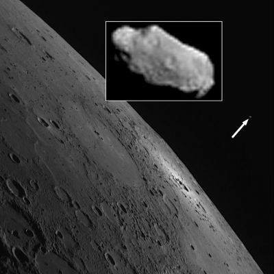 NOT ALONE!
Caption NASA:"This discovery image provides the first evidence that Mercury has a small natural satellite or moon. Visible as a small bright spot in an image taken yesterday by the Mercury Dual Imaging System (MDIS) Wide Angle Camera (WAC), the moon is approximately 70 meters (230 feet) in diameter and orbits Mercury at a mean distance of 14.300 Km (such as 8890 miles). A proposal to name the moon "Caduceus", after the staff carried by the Roman god Mercury, has been submitted by the MESSENGER team to the International Astronomical Union, the body responsible for assigning names to celestial objects.

This discovery presents an unprecedented opportunity for a return of samples from the Mercury System, as Project Scientist Nat MacRulf explains. "We have yet to identify a sample from Mercury in any of the meteorite collections we have here on Earth. Such a sample would give us critical insight into the chemical composition of Mercury and the timing of crustal formation on that body, leading to a better understanding of how the planet formed and evolved. If we could obtain a sample of Caduceus, it would enhance the scientific return of the MESSENGER mission beyond our wildest dreams!"

Work on designing a scenario for sample return is already underway. MESSENGER Project Manager Burt Panini held an emergency meeting with the MESSENGER mission operations and navigation teams yesterday evening to determine if the spacecraft could be targeted toward the diminutive moon. After an intensive discussion, a unanimous decision was taken to abandon the orbit-correction maneuvers that had been planned for later this month to place the spacecraft in an eight-hour orbit. Instead, the new plan is to use the remaining propellant to crash MESSENGER into Caduceus. "Our detailed analysis tells us that if we act now, and with the right trajectory, MESSENGER will impart just enough momentum to the moon to break it free of Mercury's Gravity well and set it on an Earth-crossing trajectory suitable for recovery as a Mercury meteorite", said Panini.

This action will form the basis of a new request to NASA by the MESSENGER team for an extended extended mission, tentatively called "MESSENGER Infinitesimally Nudging Caduceus", or MIN-C for short. Once MIN-C is approved by NASA, the Spacecraft will be targeted for a collision trajectory. If Caduceus is successfully released from the pull of Mercury and placed on a course to reach Earth, we can expect the moon to arrive at Earth by 2014. "The risk to the public is reassuringly small", offers MESSENGER mission design lead Adam McJames. "We have designed a trajectory that will bring the moon to Earth at a remote location on the Wilkes Land ice sheet in Antarctica. This trajectory will avoid all population centers and will put the moon's impact site within reach for retrieval by the scientific staff at the U.S.-operated McMurdo Station".

If successful, MESSENGER's extended extended MIN-C mission will mark the first instance of the documented arrival to Earth of material from the Mercury system. Moreover, it will serve as the basis for a new Discovery-class mission proposal currently in development by the Applied Psychics Laboratory for a Mercury lander mission for in situ X-ray analysis of surface composition. That mission is to be named the Hermean On-surface Analysis with X-rays.

Date acquired: March 31, 2012
Image Mission Elapsed Time (MET): 131766564
Image ID: 6418
Instrument: Wide Angle Camera (WAC) of the Mercury Dual Imaging System (MDIS)
Center Latitude: 38,15° North
Center Longitude: 66,18° East
Resolution: 410 meters/pixel (0,25 miles/pixel) in the lower left corner of the image
Scale: the large crater in the center of the image (Copland) is about 210 Km (such as approx. 130 miles) in diameter.
Spacecraft Altitude: 16.200 Km (10.070 miles)
Incidence Angle: 69,1°
Emission Angle: 80,8°
Phase Angle: 138,2°
Parole chiave: Mercury from orbit - Caduceus