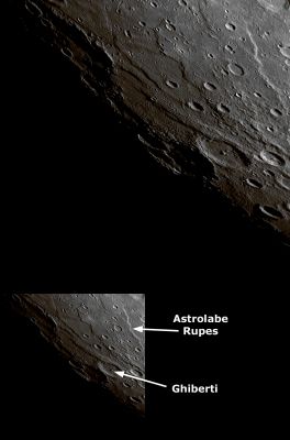 Astrolabe Rupes (natural colors; credits: Lunexit)
Date Acquired: October 6, 2008
Image Mission Elapsed Time (MET): 131774936
Instrument: Narrow Angle Camera (NAC) of the Mercury Dual Imaging System (MDIS)
Resolution: 660 meters/pixel (0,41 miles/pixel)
Scale: Ghiberti crater is approx. 123 Km in diameter (about 76 miles)
Spacecraft Altitude: about 26.000 Km (approx. 16.000 miles)

Of Interest: This NAC image, taken about 85 minutes after MESSENGER’s closest approach during the mission’s second Mercury flyby, shows a view of Astrolabe Rupes, named for the ship of the French explorer Jules Dumont d’Urville. Rupes is the Latin word for cliff. Mercury’s day/night transition (the Terminator) is located on the left side of the image, and the Sun is striking the cliff face of Astrolabe Rupes in the upper right of the image. Also visible in the image are additional unnamed rupes, whose cliff faces are casting dark shadows. One of these rupes intersects the crater Ghiberti, named for the Italian Renaissance sculptor. Rupes on Mercury are thought to have formed as the interior of Mercury cooled and the planet consequently contracted slightly. Determining the number and extent of rupes on Mercury can thus be used to understand the thermal history of the Planet.
Parole chiave: Mercury