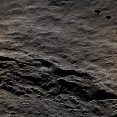 Cliffs on the Rim of Eminescu Crater (Enhanced and Sharpened Natural Colors; credits for the additional process. and color.: Dr Paolo C. Fienga - Lunexit Team)
This oblique view shows a portion of the Rim of the crater Eminescu. The angle of this image provides a great perspective for viewing the spectacular Cliffs that formed as material slumped from the Crater Rim into the Crater Interior, as well as small ponds of impact melt perched on the Rim. 
This image was acquired as a high-resolution targeted observation. Targeted observations are images of a small area on Mercury's Surface at resolutions much higher than the 250-meter/pixel (820 feet/pixel) morphology base map or the 1-Km/pixel (0,6 miles/pixel) color base map. It is not possible to cover all of Mercury's Surface at this high resolution during MESSENGER's one-year mission, but several areas of high scientific interest are generally imaged in this mode each week.

Date acquired: December, 05th, 2011
Image Mission Elapsed Time (MET): 231611014
Image ID: 1099316
Instrument: Narrow Angle Camera (NAC) of the Mercury Dual Imaging System (MDIS)
Center Latitude: 9,8° North
Center Longitude: 115,5° East
Resolution: 34 meters/pixel
Scale: the scene is approximately 35 km (about 22 miles)
Solar Incidence Angle: 65,1° (meaning that the Sun was about 24,9° above the Local Horizon when the picture was taken)
Emission Angle: 60,1°
Sun-Mercury-MESSENGER (or "Phase") Angle: 125,3°
Parole chiave: Mercury from orbit - Craters - Eminescu Crater