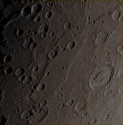 Terror Rupes (EDM - Absolute Natural Colors; credits for the additional process. and color.: Dr Paolo C. Fienga/Lunar Explorer Italia/Italian Planetary Foundation)
In this picture, we can better see the Southern Mercurian Relief known as "Terror Rupes": it is the long, Cliff-like Landform visible right in the middle of the frame. Terror Rupes is one of Mercury's most prominent Lobate Scarps, and it was so named after the HMS (---> Her Majesty's Ship) Terror: an eighteenth-century warship that, later, participated in Scientific Polar Explorations.

Date acquired: February, 4th, 2012
Image Mission Elapsed Time (MET): 236853865
Image ID: 1353252
Instrument: Wide Angle Camera (WAC) of the Mercury Dual Imaging System (MDIS)
Center Latitude: 69,30° South
Center Longitude: 96,00° East
Solar Incidence Angle: 80,3° (meaning that the Sun, at the time that the picture was taken, was about 9,7° above the imaged Local Mercurian Horizon)
Emission Angle: 50,9°
Sun-Mercury-Messenger (or "Phase") Angle: 114,5°

This picture (which is a crop taken from an Original NASA - MESSENGER Spacecraft's b/w and NON-Map-Projected image published on the NASA - Planetary Photojournal with the ID n. PIA 17881) has been additionally processed, contrast enhanced, Gamma corrected, magnified to aid the visibility of the details and then colorized in Absolute Natural Colors (such as the colors that a human eye would actually perceive if someone were onboard the NASA - MESSENGER Spacecraft and then looked outside, towards the Surface of Mercury), by using an original technique created - and, in time, dramatically improved - by the Lunar Explorer Italia Team. Different colors, as well as different shades of the same color, mean, among other things, the existence of different Elements (Minerals) present on the Surface of Mercury, each having a different Albedo (---> Reflectivity) and Chemical Composition.
Parole chiave: Mercury from orbit - Rupes - Terror Rupes