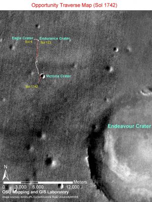 The Way to the Giant Endeavour Crater - Sol 1742
Caption NASA:"The red-and-white line on this image traces the route that NASA's Mars Exploration Rover Opportunity drove from its Landing inside Eagle Crater on Jan. 4, 2004 (Universal Time; Jan. 3 Pacific Standard Time) through the 1742nd Martian Day, or Sol, of the mission (Dec. 17, 2008). During that period, Opportunity drove 13,62 Km (about 8,5 miles). 
Opportunity climbed out of the 800-meter-wide (half-mile-wide) Victoria Crater on Sol 1634 (Aug. 28, 2008). The Rover's next major destination is a much larger crater further South, Endeavour Crater, with a diameter of about 22 Km (approx. 14 miles). 

The route and labels on this map are overlain on an image from the Thermal Emission Imaging System camera on NASA's Mars Odyssey Orbiter".
Parole chiave: Mars from orbit - Meridiani Planum - MER Opportunity's Path