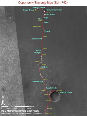 The Way to the Giant Endeavour Crater - Sol 1742
Caption NASA:"The red-and-white line on this image traces the route that NASA's Mars Exploration Rover Opportunity drove from its Landing inside Eagle Crater on Jan. 4, 2004 (Universal Time; Jan. 3 Pacific Standard Time) through the 1742nd Martian Day, or Sol, of the mission (Dec. 17, 2008). During that period, Opportunity drove 13,62 Km (about 8,5 miles). 
Opportunity climbed out of the 800-meter-wide (half-mile-wide) Victoria Crater on Sol 1634 (Aug. 28, 2008). The Rover's next major destination is a much larger crater further South, Endeavour Crater, with a diameter of about 22 Km (approx. 14 miles). 

The route and labels on this map are overlain on an image from the Thermal Emission Imaging System camera on NASA's Mars Odyssey Orbiter".
Parole chiave: Mars from orbit - Meridiani Planum - MER Opportunity's Path
