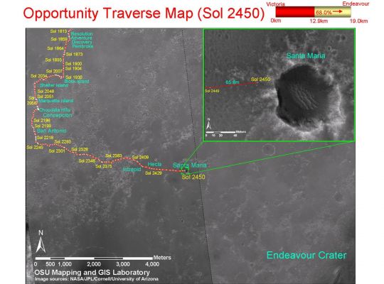 Opportunity Traverse Map until Sol 2450 
Caption NASA:"This Map shows the path that NASA's Mars Exploration Rover (MER) Opportunity followed from the 1813th Martian day, or Sol, of its work on Mars (such as Feb. 28, 2009) up to Sol 2450 (such as Dec. 15, 2010). On Sol 2450, Opportunity approached a crater informally named "Santa Maria", which is about 90 meters (295 feet) in diameter.
The base map is imagery from the Context Camera on NASA's Mars Reconnaissance Orbiter.

Opportunity completed its three-month prime mission in April 2004".
Parole chiave: Maps