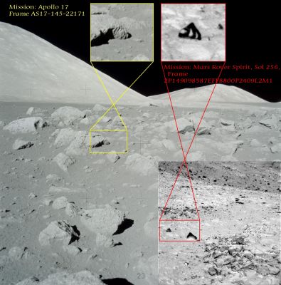The Moon-Mars "Connection" strikes again: the "Moonflower" and the "Martian Flower" (1 - by Dr G. Barca)
L'idea della "Moon-Mars Connection" non è nostra, bensì del "mitico" si fa per dire...) Richard Hoagland. 

Va detto, però, che la "sua" idea di Connection è radicalmente diversa da quella sviluppata da Lunar Explorer Italia. A nostro modo di vedere, infatti, una connessione fra la Luna e Marte esiste nel solo senso per cui alcuni dettagli del suolo (e dello Spazio circum-lunare) possono essere ritrovati, con una certa approssimazione naturalmente, nel suolo di Marte (e nel suo spazio). In questa "connection", evidenziata (già da tempo) dal nostro Dr Gianluigi Barca, un dettaglio superficiale adocchiato dai "Ragazzi dell'Apollo 17" sembra trovare un adeguato corrispondente Marziano (siamo nel Sol 256 dell'epopea di Spirit).

Si tratta di una "reale connessione" o solo di una (magari poco significativa) "somiglianza di forme"? 

Beh, vista la scarsezza di dati in nostro possesso ci è impossibile dirlo. Probabilmente - se si vuole essere onesti sino in fondo - c'è un pò di "connection" ed un pò di semplice "associazione visiva fra dettagli (comunque strani!) similari".

Certo è che l'idea del "Fiore di Luna" e del "Fiore Marziano", ancora oggi - ed a distanza di qualche anno dai nostri inizi di carriera come Anomaly Hunters - mantiene un suo fascino ed un appeal tutto particolare.
Forse perchè, alla base della nostra congettura, vi è l'assunto per cui delle Forme Vitali Esotiche (anaerobiche, use alle Radiazioni Cosmiche ed agli sbalzi di temperatura - ed in generale agli ambienti ASSOLUTAMENTE OSTILI allo sviluppo di Forme Vitali di "Tipo Terressre") si siano sviluppate - e si stanno ancora sviluppando! - in forma adeguata TANTO sulla Luna, quanto su Marte o altrove nel Sistema Solare e nel resto del Cosmo.

Già, può essere...

Ma se questa idea di base avesse anche solo un minimo "quid" di sostanza, la successiva domanda (che sorge spontanea) diventerebbe decisiva ed inquietante: come mai queste Creature si sviluppano - praticamente - dappertutto, tranne che sulla Terra?

Quesito intrigante (ed inquietante, senza dubbio), al quale una risposta, embrionale ed un pò azzardata (ma sensata) se volete, già ci sarebbe: Incompatibilità Biologica.

Pechè, dopo la "Corsa alla Luna" - che doveva essere solo un semplice "preliminare" (più Politico che Scientifico) alla ben più importante ed interessante "Corsa a Marte" -, l'Esplorazione Umana dello Spazio si è fermata? 
Perchè l'Umanità è rimasta "al palo" (anzi: alla ISS), fatta salva qualche "escursione robotica", tanto entusiasmante, quanto - alla fine - tristemente inconcludente (dato che, per ogni "certezza" che si raggiunge, nascono almeno 1000 nuovi dubbi)?
C'è "qualcosa", là fuori, che dovremmo "temere"?
E, se "Si", di che si tratta?
Cos'è l'"Incompatibilità Biologica"?

Domande, domande, domande...

Pensateci sopra anche Voi e poi, se volete, scriveteci i Vostri commenti.
Parole chiave: Lunar Surface and Martian Surface - Comparison
