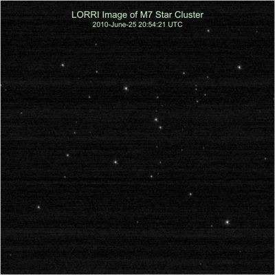 On the Way to Pluto: Messier 7
Caption NASA:"The New Horizons team calibrates the Long Range Reconnaissance Imager (LORRI) by taking pictures of the Open Star Cluster Messier 7 (M 7). This is the first LORRI image of M 7 taken during Annual Checkout (ACO); the 100-millisecond manual exposure was taken on June 25, 2010. A preliminary comparison of this image to a 2008 LORRI picture of M7 indicated no degradation or change in LORRI's performance".
Parole chiave: From Space Pictures - New Horizons Probe
