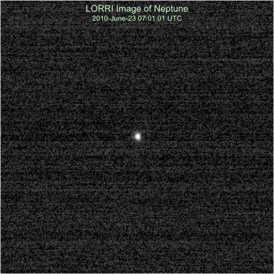 On the Way to Pluto: Neptune's on sight!
Caption NASA:"The New Horizons Long Range Reconnaissance Imager (LORRI) observed Neptune on June 23, 2010, as part of a test of the critical Optical Navigation Annual Checkout (ACO). 
In this 100-millisecond exposure, taken when the Spacecraft was 23,2 Astronomical Units (about 2,15 Billion Miles) from Neptune, the Planet appears slightly larger than a star. At the time of this observation, the Solar Phase Angle was 34° and the Solar Elongation Angle (Planet-Spacecraft-Sun) was 95°. 
Only New Horizons can observe Neptune at such large Solar Phase Angles, which can be used to study the light-scattering properties of Neptune's Atmosphere".
Parole chiave: Neptune