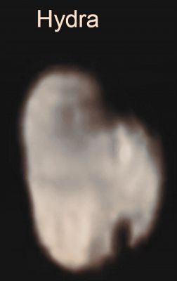 Hydra (Absolute Natural Colors; credits for the additional process. and color.: Dr Paolo C. Fienga - Lunexit Team)
Pluto's small, and highly irregularly shaped moon Hydra, is, finally (but just partly), revealed in this Absolute Natural Colors image taken from the NASA - New Horizons' Spacecraft LORRI instrument on July 14, 2015, from a distance of about 143.000 miles (such as approx. 230.135,62 Km). Surface Features as small as approx. 0,7 miles (such as about 1,26 Km) are visible on Hydra, which measures, roughly, 34 miles (approx. 54,71756 Km) in length. 

The dark and elongated Surface Feature visible towards the South Pole of the moon could be - but we, as IPF, have no way to be sure) a huge Impact Crater, somohow conceptually similar, if you think about it, to the gigantic Stickney Crater which is located on the Martian moon Phobos.

The image (which is an Original NASA - New Horizons Spacecraft's b/w and NON Map-Projected frame published on the NASA - Planetary Photojournal with the ID n. 19847) has been additionally processed, magnified to aid the visibility of the details, contrast enhanced and sharpened, Gamma corrected and then colorized (according to an educated guess carried out by Dr Paolo C. Fienga-LXTT-IPF) in Absolute Natural Colors (such as the colors that a normal human eye would actually perceive if someone were onboard the NASA - New Horizons Spacecraft and then looked ahead, towards the Plutonian moon Hydra), by using an original technique created - and, in time, dramatically improved - by the Lunar Explorer Italia Team.
Parole chiave: Pluo's moons - Hydra