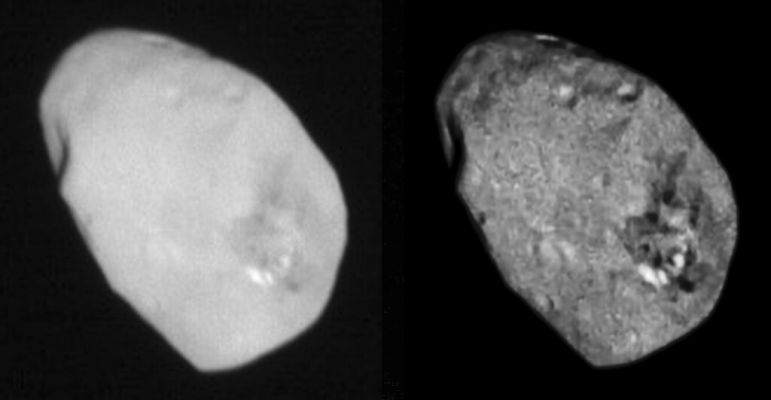 Features of Nix
Una piccola ed affascinante luna del Sistema Plutoniano: Nix. Da notare come il cambiamento di filtro e l'esaltazione dei contrasti ci portano da una visione sostanzialmente "piatta" ad una oltremodo dettagliata e densa di punti di interesse. Per esempio: il dettaglio in basso a Dx, direi ad ore 04:30 circa, secondo Voi, di che cosa potrebbe essere rappresentativo? 
Un Cratere da Impatto? Ne dubito. 
Una "voragine" apertasi a causa di influssi mareali? Non ne ho idea. 

Ma non posso non notare le somiglianze fra questo piccolissimo Corpo Celeste ed una altrettanto piccola luna di Urano. Indovinate quale...
Parole chiave: Pluto's Moons - Nix