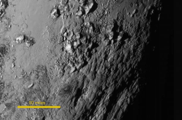 Unusually-looking Surface  Features along the Plutonian Terminator
Da "NASA - Picture of the Day" del 16 Luglio 2015.

"An about 50 miles (such as approx. 80 Km) trip across Pluto would cover the distance indicated by the scale bar in this startling image. 
The close-up of the icy world's rugged Equatorial Terrain was captured when the New Horizons Spacecraft was about 47.800 miles (approx. 77.000 Km) from the Surface, 1,5 hours (i.e.: 90 minutes) before its closest approach. 

Rising to an estimated 11.000 feet (about 3500 meters), the Mountains visible here are likely composed of (mostly - added by Lunexit) Water Ice. 

Suggesting surprising geological activity, they are also likely young with an estimated age of about 100 MY (Million Years). This speculation is based on the apparent absence of "fresh" Impact Craters. 

The area pictured is near the base of Pluto's broad, bright and heart-shaped Region".
Parole chiave: Pluto