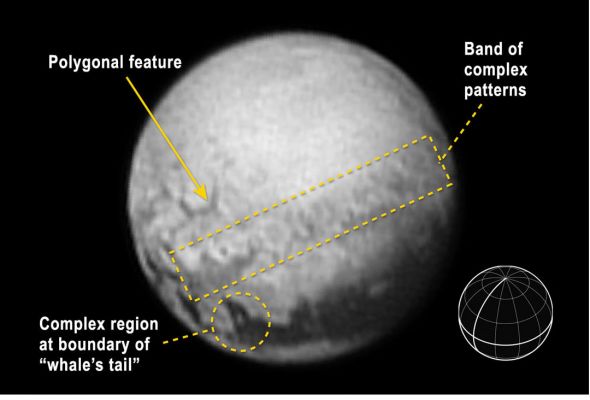 Approaching Pluto (RAW and Annotated Frame)
Da "NASA - Astronomy Picture of the Day" dell'11 Luglio 2015. 

"Pluto is coming into focus. As the robotic New Horizons Spacecraft bears down on this unexplored world of the distant Solar System, new Features on its Surface are becoming evident. 

In the displayed image, an unusual polygonal structure roughly 200 Km wide is visible on the left (Sx) while, just below it, a relatively complex Terrain runs diagonally across the "Dwarf Planet". 

New Horizon's images and data on these structures will likely be studied for years to come in an effort to better understand the Geologic History of Pluto and our Solar System. After suffering a troublesome glitch last week, New Horizons will make its historic Fly-By of Pluto and its moons on Tuesday".

Tutto passato. Tutto ok. Ed il Viaggio continua.....
Parole chiave: Pluto