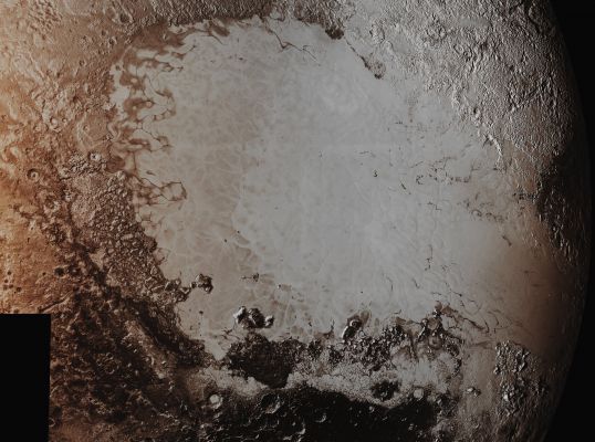 Sputnik Planum and Surroundings (Absolute Natural Colors; credits for the additional process. and color.: Dr Paolo C. Fienga - Lunexit Team) 
This beautiful picture is, in fact, an Image-Mosaic which has been created by using (---> putting together) several High-Resolution frames of the Dwarf-Planet Pluto, that were all sent back to Earth by the NASA - New Horizons Spacecraft in the days going from September 5 to 7, 2015. The mosaic, as you can easily see, is dominated by the bright Icy Plains which have (so far) been informally named Sputnik Planum. 

However, the Image-Mosaic also features (---> shows) a tremendous variety of other (and, Geologically speaking, completely different) Landscapes that surrounds Sputnik Planum (---> such as a number of areas of Pluto which we have already shown you in the APODs of Semptember 14, 15 and 16, 2015). 

The smallest visible Surface Features here are roughly 0,5 miles (such as approx. 0,80467 Km) across, and the Mosaic - in its entirety - covers a Plutonian Region that is about 1000 miles (such as, roughly, 1609,34 Km) wide. The images forming the Mosaic were taken as the NASA - New Horizons Spacecraft flew past Pluto on July 14, 2015, from a distance of about 50.000 miles (such as approx. 80.467 Km). 

The image (which is an Original NASA - New Horizons Spacecraft's b/w and NON Map-Projected frame published on the NASA - Planetary Photojournal with the ID n. PIA 19936) has been additionally processed, magnified to aid the visibility of the details, contrast enhanced and sharpened, Gamma corrected and then colorized (according to an educated guess carried out by Dr Paolo C. Fienga-LXTT-IPF) in Absolute Natural Colors (such as the colors that a normal human eye would actually perceive if someone were onboard the NASA - New Horizons Spacecraft and then looked ahead, towards the Dwarf-Planet Pluto), by using an original technique created - and, in time, dramatically improved - by the Lunar Explorer Italia Team.
Parole chiave: Pluto