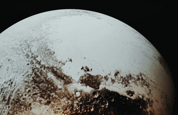 Sputnik Planum (Absolute Natural Colors; credits for the additional process. and color.: Dr Paolo C. Fienga - Lunexit Team) 
This Synthetic Perspective view of Pluto, based on the latest High-Resolution images to be downlinked from the NASA - New Horizons Spacecraft, shows us what you would see if you were approximately 1100 miles (such as about 1770,284 Km) above Pluto's Equatorial Area, looking North/East - over the dark/orangish and heavily cratered Region informally named Cthulhu Regio - toward the bright, smooth, expanse of Icy Plains which have, for now, been informally called Sputnik Planum. 

The entire expanse of Terrain seen in this image is roughly 1100 miles (such as about 1770,284 Km ) across. The images were taken as the NASA - New Horizons Spacecraft flew past Pluto on July 14, 2015, from a distance of about 50.000 miles (such as approx. 80.467 Km). 

The image (which is an Original NASA - New Horizons Spacecraft's b/w and NON Map-Projected frame published on the NASA - Planetary Photojournal with the ID n. PIA 19937) has been additionally processed, magnified to aid the visibility of the details, contrast enhanced and sharpened, Gamma corrected and then colorized (according to an educated guess carried out by Dr Paolo C. Fienga-LXTT-IPF) in Absolute Natural Colors (such as the colors that a normal human eye would actually perceive if someone were onboard the NASA - New Horizons Spacecraft and then looked ahead, towards the Dwarf-Planet Pluto), by using an original technique created - and, in time, dramatically improved - by the Lunar Explorer Italia Team.
Parole chiave: Pluto