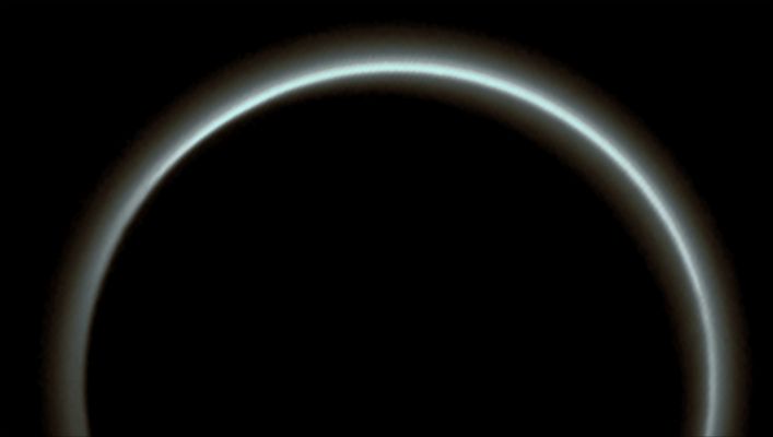 Farewell to Pluto - Part II (Absolute Natural Colors; credits for the additional process. and color.: Dr Paolo C. Fienga/Lunar Explorer Italia/Italian Planetary Foundation)
Even though it is (just slightly) unevenly backlit by the Sun, Pluto’s Atmosphere shows its "foggy" silhouette like a Luminous Halo in this beautiful Extra Detail Magnification (or "EDM", for short) obtained from a Contextual Image taken by the NASA - New Horizons Spacecraft around midnight (EDT) on July, 15, 2015 (and shown in yesterday's APOD). 

This partial portrait of the Plutonian Atmosphere was captured when the NASA - New Horizons Spacecraft was already about 1,25 Million Miles (such as approx. 2.011.675 Million KiloMeters) away from Pluto, and it shows us the most illuminated Atmospherical Structures (quite similar, in our opinion, as IPF, to the ones visible all around the Saturnian moon Titan) as small as roughly 12 miles (approx. 19,312 Km) across. The image, which has been received on Earth on July, 23, 2015, is displayed with the North Pole of Pluto at the top of the frame.

The image (which is a crop taken from an Original NASA - New Horizons Spacecraft's b/w and NON Map-Projected frame published on the NASA - Mew Horizons Page of July, 24, 2015 and with the ID n. nh_01_stern_05_pluto_hazenew) has been additionally processed, magnified to aid the visibility of the details, contrast enhanced and sharpened, Gamma corrected and then colorized (according to an educated guess carried out by Dr Paolo C. Fienga-LXTT-IPF) in Absolute Natural Colors (such as the colors that a normal human eye would actually perceive if someone were onboard the NASA - New Horizons Spacecraft and then looked ahead, towards the Dwarf-Planet Pluto), by using an original technique created - and, in time, dramatically improved - by the Lunar Explorer Italia Team.
Parole chiave: Pluto