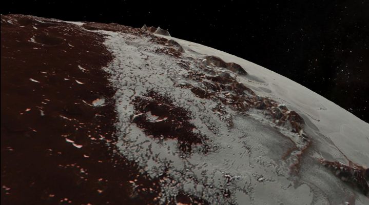 Flying over Pluto...
Note: the topographic reliefs visible here have been exaggerated by a factor of 2 to 3 to emphasize topography; the Surface colors have also been enhanced to bring out detail. Digital mapping and rendering were performed by Paul Schenk and John Blackwell of the Lunar and Planetary Institute in Houston".

Parole chiave: Pluto