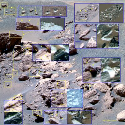 Unusual Surface Features (by Carlo Contu, su frame Lyle)
Muovendosi su un frame rielaborato (e parzialmente riprocessato in falsi colori) dagli immaginosi Colleghi del Sito "Lyle", il nostro Amico Carlo Contu ci sottopone una serie di "unusual surface features" le quali, in effetti, non possono non interessare gli Appassionati della Materia.
La nostra opinione al riguardo è - purtroppo... - sostanzialmente "neutra", ma non c'è nulla da temere: questo approccio ("neutro", appunto) fa parte del mestiere di Ricercatore ed Anomaly Hunter.

In altre parole: se osservate bene i dettagli evidenziati, Vi accorgerete subito che alcuni di essi sono, effettivamente, alquanto bizzarri (tipo il "Serpente" - Snake - e la "Lucertola" - Lizard), ma la loro spiegazione è comunque individuabile in giochi di luce ed in angoli di ripresa. 
Altri dettagli (tipo l'"Ostrica" - Oyster) sono un'ovvia illusione ottica (quelle che sembrano valve aperte sono, in realtà due rocce che formano una "L" e che giacciono sul medesimo piano il quale, dall'angolo visuale di Opportunity, le fa assomigliare ad una "bocca aperta"); altri ancora, infine (i restanti rilievi evidenziati), sono oggettivamente indefinibili.

Lo scopo del nostro Lavoro è quello di suggerire ai Lettori (diciamo "suggerire" perchè, expressis verbis, non si può sempre spiegare tutto - abbiamo anche noi i nostri "segreti del Mestiere"...) i principali elementi da considerare in sede di analisi dei frames; le maggiori "sviste" nelle quali si può incorrere e, last but not least, i più frequenti errori interpretativi nei quali ci si può imbattere (magari per eccesso di entusiasmo, o per fretta, per errori di valutazioni et sim.).

Nel frame propostoci dal sempre bravo Carlo Contu, abbiamo un pò di tutto: i profili bizzarri, i giochi di luce, le prospettive ingannevoli e - ovviamente - i rilievi indefinibili. 
Dire con assoluta certezza "che cosa stiamo guardando" è, come ovvio, un'opera impossibile (che lasciamo agli "Eso-Archeografi", in quanto indubitabili Maestri del "Marketing Spaziale"...); ma dire con una "ragionevole" certezza "che cosa NON stiamo guardando", a noi sembra un'opera onesta e fattibile, che portiamo a termine - spesso - con una certa soddisfazione.

Un suggerimento (per Tutti gli Amici "Anomaly Hunters"): NON cercate sempre la "cattedrale sepolta"...Provate ad individuare - credeteci: è un compito MOLTO più ragionevole e fattibile, visti i mezzi che ci ritroviamo... - il "mattone". 

Cercare la "cattedrale" è un Lavoro che - prendeteci sempre in parola - finirà con l'esaurire (vanamente!) le Vostre Risorse; ma se Vi mettete a cercare il "mattone", forse - un giorno - potrete dire, insieme a noi - di aver concorso a Costruire la Storia!...

Un caro saluto e Grandi Complimenti per lo sforzo e lo spunto all'Amico Carlo Contu!
Parole chiave: Martian Surface - Unusual Surface Features