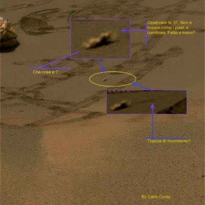 ...Maybe the "Martian Bunny"?!? - Sol 60 (credits: Carlo Contu)
Come abbiamo già scritto più volte (e non per piaggeria, ma per semplice onestà), il contributo che riceviamo dai nostri Lettori ed Amici più attenti e dedicati è prezioso. Lo è perchè, oltre a dimostrare che chi legge è poi capace, a sua volta, di ripercorrere i passi che caratterizzano il percorso dell'Anomaly Hunter, e lo è perchè l'intervento dei Lettori costituisce la "prova" che almeno uno dei Fini Istituzionali di Lunar Explorer Italia è stato conseguito.
Quale?
Quello di creare una Associazione che agisse, in un certo senso, non solo come un'Entità di Ricerca e Divulgazione, ma anche come una "piccola Tribuna sul Mondo delle Scienze di Confine". Una Tribuna alla quale ognuno di noi può affacciarsi ed esprimere il suo pensiero, le sue idee, le sue scoperte, se e quando ci sono.
Lunar Explorer Italia concede spazio a tutti, a condizione che la Materia chiamata in causa sia congrua con quanto viene trattato sulle nostre pagine e che colui che si esprime usi arguzia, intelligenza, passione e, più di tutto, educazione.

E' per questo che la Rubrica "Readers Show and Tell" è nata. 

Quest'oggi, come già altre volte è accaduto, abbiamo il nostro Caro Amico, Carlo Contu, che ci ha "suggerito" di fare un grande passo all'indietro, sino ai primi Soles del MER Opportunity, e di investigare su quel dettaglio presente a centro frame, di color bianco-grigio, ben evidenziato nel detail-mgnf prodotto dal Sig. Contu. 

Di che si tratterà mai?

Ebbene, secondo noi, si tratta di un frammento degli air-bags che hanno protetto, durante la fase di rough-landing (atterraggio ruvido) della Sonda, le meccaniche del Rover. Un frammento di qualcosa che è man-made e non è certamente indigeno di Marte.
Ma c'è di più. Come lo stesso Sig. Contu ha evidenziato, una leggera striatura scusa caratterizza il versante del rilievo che si trova alla Dx dell'Osservatore. Che cosa sarà mai quella "striatura"? 
Probabilmente - almeno a parere di chi scrive - si tratta dell'evidenza che il corpo indagato è un "corpo mobile", spinto dal vento, e che il movimento del medesimo sulla Superficie del Crater Eagle, ha prodotto quello che tecnicamente viene chiamato "disturbo" (pensate al "disturbed terrain", ossìa il terreno Marziano interessato da attività meccaniche prodotte dal Rover stesso, o dalle sue componenti, o, come in questo caso, da un frammento di airbag, ma NON da elementi naturali - tipo le azioni eoliche, notoriamente creatrici, allorchè valutate su piccola scala, di quei rilievi superficiali noti come "Wind-Tails").

E non è tutto! 

Il dettaglio in oggetto potrebbe addirittura essere, in una diversa configurazione visiva (dovuta sia al suo "muoversi" sulla superficie, sia al cambio di angolo di ripresa), il famoso "Martian Bunny", scoperto dal Prof. Hoagland durante il Sol n. 4 di Opportunity, e quindi ripreso con precisione e cura in un piccolo Studio/Contributo da noi pubblicato e curato dal sempre Caro Amico "Old Grey", alias Fabio Italiano (che salutiamo), in un'altra Sezione del Sito.

Tutto finito? No. Abbiamo ancora un "mistero" da risolvere: come mai questo frame, che risulta essere relativo al Sol 60 di Opportunity ci mostra dettagli interni del Cratere Eagle, quando il Cratere Eagle stesso venne lasciato dal Rover durante il Sol 57? Ebbene, abbiamo provato a riflettere e, alla fine, ci siamo ricordati del procedimento di fotografia, storage dell'immagine ed invìo della medesima a Terra adottato dai Mars Exploration Rovers.

Questo procedimento, come può risultare intuitivamente, poggia sul fatto che NON TUTTE le immagini riprese dai Rover durante un certo Sol "x", vengono poi inviate a Terra durante il medesimo Sol "x". 
La "finestra" di trasmissione delle immagini, infatti, non è sempre aperta, anzi (ricordateVi che essa è funzione NON SOLO del quantum di energia disponibile da parte del Rover per svolgere le sue funzioni, ma anche dalla posizione delle Sonde che fanno da trasponders per i dati da esso inviati)! 

Una possibile - e logica, nonchè razionale - risposta al quesito che ci eravamo posti può quindi essere questa: è stato rubricato come frame di Sol 60, un frame - di fatto - più vecchio di qualche Soles, ma rimasto in storage nella memoria di Opportunity per un pò di tempo, e quindi inviato a Terra in ritardo.
Un frame, intendiamo dire, scattato durante il Sol - ad esempio - "55", ma poi tenuto in memoria e quindi inviato a Terra (e ricevuto a Pasadena) 5 giorni dopo il suo "effettivo ottenimento". 

Come avverrà la rubricazione di questo Sol "ritardatario"? 

Interpretazioni. Secondo alcuni, infatti, la data del Sol corrisponde alla data di "scatto" della fotografia; secondo altri, invece, la data del Sol è la data di ricevimento a Terra del frame. 
Che dire? Se Opportunity ha effettivamente lasciato il Cratere Eagle durante il Sol 57 - come ci dimostrano molti frames -, allora è ovvio che il criterio di archiviazione dei frames è quello che usa la loro data di ricevimento a Terra come parametro scriminante di rubricazione negli archivi NASA/MER. 

Se invece vogliamo ritenere che il criterio di archiviazione dei frames sia quello che usa/considera la loro data di scatto, allora abbiamo solo tre possibilità per venire a capo della questione:

1) E' stato commesso un errore di rubricazione da parte della NASA;
2) Opportuniy è uscito dal Cratere Eagle, effettivamente, durante il Sol 57, ma poi è tornato sui suoi passi ed ha scattato qualche altro frame che ritraeva le sue "orme" ed il suo "nest";
3) Abbiamo capito male noi tutta la questione...

Ed ora, ringraziando di Cuore Carlo Contu, Vi lasciamo optare per l'ipotesi che riterrete più "azzeccata"!...
Parole chiave: Martian Surface - Eagle Crater - Controversial