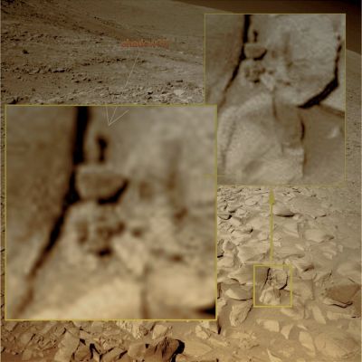 Extremely unsual Surface Feature... - Sol 237 (by Ivana Tognoloni)
In questo dettaglio propostoci da Ivana Tognoloni abbiamo visto, tra le altre cose, un elemento particolarmente curioso e meritevole di attenzione. Secondo Ivana potrebbe trattarsi di"...una statuina stilizzata accanto o appoggiata ad un altro rilievo che pare la riproduzione di una maschera. Tutto è parzialmente interrato e sembra far parte di un complesso più ampio...".

A dire il vero, c'è qualcosa di veramente strano in questo gruppo di rocce, ma non è la forma delle rocce a costituire la curiosità (e la possibile Anomalìa) quanto, piuttosto, la posizione di un sasso (che sembra essere "sospeso" in aria...) e la presenza di una inspiegabile ombra (indicata dalla freccia; il sasso che sembra essere "sospeso" in aria - e che proietta anche un'ombra sotto di sè, quasi a conferma di questa strana sensazione - è appena al di sotto dell'ombra anomala).

Ivana, a nsotro avviso, ci vede piuttosto bene nella sua antropomorfizzazione, ma le antropomorfizzazioni, come sapete, sono personalissime e dunque questionabili al 100%. 

Dunque il nostro suggerimento è questo: più che cercare delle "somiglianze" (che sono soggettive), provate ad individuare degli elementi di fatto (che sono oggettivi). L'ombra, in questo caso, è un fatto: c'è. E' un dato oggettivo.
Ma qual'è il corpo fisico da cui essa si diparte? 
Eccola l'Anomalìa: il corpo fisico NON c'è, ed anche questo è un dato di fatto (e dunque un elemento oggettivo ed inquestionabile).

Spiegazioni possibili: effetto ottico; vizio dell'immagine; manomissione. Oltre, ancora una volta, non possiamo andare; complimenti ad Ivana per aver comunque "centrato" una zona particolare ed estremamente interessante!
Parole chiave: Martian Surface - Unusually-looking Rock