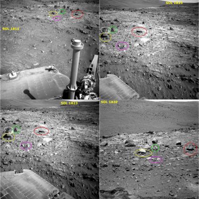 Rocky Tongue: yes or no??? (image-composite by Dr Gianluigi Barca)
Inequivocabile: il "dettaglio controverso" inquadrato (la "Lingua") è sempre lo stesso, dal Sol 1811 al Sol 1830. 
Ma le differenze - osservate bene! - SIA del dettaglio, SIA dei suoi IMMEDIATI dintorni, sono talmente eclatanti che il dubbio per cui qualcosa possa essersi mossa (o, se vogliamo essere "complottisti", che qualcosa - nei vari frames - sia stata digitalmente alterata) è diventato - a nostro parere - una (quasi)certezza.

Un particolare su tutti: come fattoci notare dall'Amico Giorgio Picciau, la "Lingua", nel primo frame (Sol 1811) è liscia, piatta, più larga verso il macigno dal quale pare fuoriuscire e, via-via che si allontana dalla sua "radice", pare farsi più stretta; dal Sol 1825 al Sol 1830, invece, la "Lingua" è diventata un "tubo", di dimensioni sostanzialmente uniformi, e rotondeggiante. 

Le sue fattezze - osservate BENE - sono radicalmente mutate: il profilo intrigante ed ambiguo del Sol 1811, a distanza di 19 Soles, è diventato una roccia stretta e lunga, distaccata dal macigno che giace alle sue spalle, più scura (NETTAMENTE più scura) di come appariva nel primo frame e, in ultima analisi, esso ci appare RADICALMENTE DIVERSO da come invece si era manifestato nel primo frame.

Morale: qualcosa è cambiato. Ma che l'enorme diversità esistente fra il dettaglio controverso che avevamo adocchiato nel Sol 1811 e quello che si vede nei frames relativi ai Soles 1825 e 1830 sia riconducibile, sic et simpliciter, ad uno shift prospettico ed al cambio di camera e filtri-colore... No, per favore: questa volta non ci crediamo.

Osservate e commentate.
Parole chiave: Photo-composite - Highly Controversial Frames