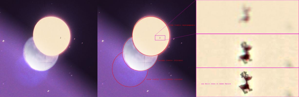 Apollo 13 and the "Silver Disc": Mistery solved? (by Simone Pergolizzi)
Grazie alla fattiva collaborazione del nostro nuovo Amico, Simone Pergolizzi, abbiamo il piacere di presentarVi, per discussioni ed approfondimenti, una interessante e, a nostro parere, credibile chiave di lettura per questo bizzarro fenomeno ritratto dai Ragazzi dell'Apollo 13. Un fenomeno (probabilmente) meramente ottico il quale ha intrigato Ricercatori ed Ufologi per quasi 40 anni.

Come è nostra prassi in frangenti simili, il miglior commento al Lavoro svolto da un Lettore, lo lasciamo fare al Lettore stesso e quindi, ringraziando ancora il Sig. Simone Pergolizzi per il tempo che ci ha dedicato, gli cediamo la parola:“Chiunque abbia la patente e guidi un' auto capirebbe che si tratta dello stesso riflesso della luna, proprio come i fari di una vettura visti con lo specchietto retrovisore. Il "disco argenteo" è generato dalla sovraesposizione del riflesso del sole sulla Luna, 
infatti, se si osserva bene esiste anche un terzo disco scuro, o forse dovrei dire "disco oscuro", dietro la seconda Luna filtrata. questo effetto sfasato dell' immagine è generato a causa dei diversi strati del vetro o della lente.
Qualsiasi fotografo con un minimo di esperienza, che fosse intenzionato a fotografare la Luna, per poterne rilevare i dettagli della superficie, avrebbe ridotto al minimo il tempo di esposizione, la cosa più ovvia è che il frame in questione potrebbe trattarsi di un primo tentativo di fotografare la Luna, quindi potrebbero esistere altri frames realizzati in seguito con tempi di esposizione diversi dove il famigerato disco argenteo è assente.

Un' altro particolare che conferma la sovraesposizione è dato dal fatto che le stelle presenti sono a loro volta della stessa intensità luminosa del disco argenteo e non della luna, se si dovesse fotografare la superficie dettagliata della Luna con la diminuzione del tempo di esposizione, soltanto alcuni dei corpi celesti più luminosi, sarebbero apparsi, ma credo che ciò sia da escludere all' interno dell' atmosfera o attraverso un oblò che dovrebbe essere filtrato per impedire l'oltrepassare dei raggi ultravioletti e da tutto ciò che il sole potrebbe irradiare se non ci fosse.

Allora il mio quesito è: da dove è stata scattata questa foto?

Affettuosamente vi allego alcuni frame ritoccati da me per rendere l' idea più dettagliatamente, con l' aggiunta di un po' di umorismo, in autentico stile "balle spaziali".

Un altro quesito interessante potrebbe essere: cos'è quel puntino molto piccolo presente sulla superficie del disco argenteo in alto a destra? Polvere degli Studios – ooopss: scusate volevo dire polvere interstellare – depositata sull' oblò oppure magari ingrandendo un' altro po' il particolare, con tecnologie pari a CSI, magari potrebbe trattarsi di un..............

La fantasia usata creativamente è una delle cose più affascinanti che caratterizzano la Vita, ma se ci si perde si rischia di non vedere oltre il proprio naso”.

Parole chiave: Controversial Frame