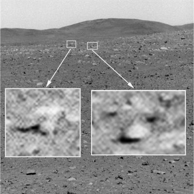 Intriguing Surface Details (by Ivana Tognoloni)
Dalla nostra Amica e Partner, Ivana Tognoloni, due interessanti particolari del suolo di Gusev: il primo, a Dx, come diice Ivana "...mi pare una cosa che amerei definire "astronave", parzialmente interrata, la cui forma ricorda un...ferro da stiro (ed è anche bicolore!)...; l'ingrandimento di Sx invece è interessante perchè l'oggetto è di forma, come dire, regolare e armonica, e lo trovo curioso (un rottame di astronave? Un animale o vegetale fossile?)...".

Le considerazioni di Ivana, ovviamente, sono condivisibili e l'armonicità nelle forme (indubbia!) del rilievo di Sx DEVE essere fonte di attente riflessioni (!). 
Ma per quanto attiene il rilievo di Dx, invece, secondo noi non ci sono dubbi di sorta: è un "guscio"! Uno dei tantissimi. 
Un ennesimo "guscio" sulla cui Natura - Rocciosa? Organica? Bio-Magnetica? - è inutile dibattere ancora perchè, al momento, si è già detto tutto quello che era possibile e ragionevole dire. Bisognerebbe recarsi in loco e verificare ma, ahinoi, dovrà passare ancora del tempo. Molto tempo, probabilmente...

Complimenti ad Ivana ed ai suoi "Occhi", come sempre!

Parole chiave: Martian Surface - Unsually-looking Features